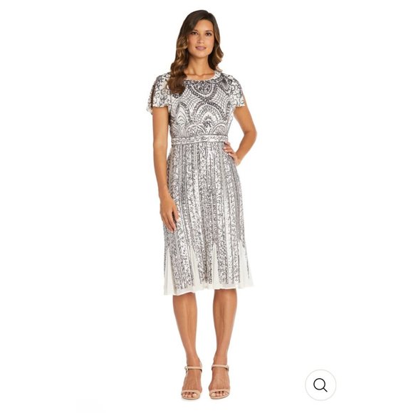 NWT R & M Richards Ivory Midi Length Mesh Sequin Dress w/ Godet Insets Size 8 - Picture 1 of 4